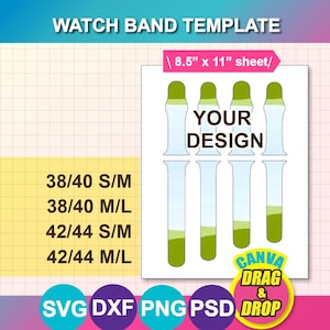 iWatch Band Svg. Watch Band Jig Template for sublimation, SVG, Canva, DXF, Ms Word docx, Png, PSD, 8.5"x11" sheet, Printable