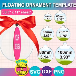 Könnte beinhalten: Eine transparente schwebende Ornamentvorlage mit rotem Band. Das Design umfasst Größen von 40 mm bis 100 mm und den Text "YOUR DESIGN". Das Bild enthält auch den Text "CANVA DRAG & DROP SVG DXF PNG".