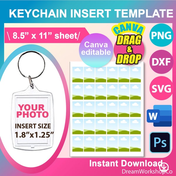 1.8"x1.25" Acrylic Photo Insert Keychain Template, SVG, Canva, DXF, Ms Word Docx, Png, Psd, 8.5"x11" sheet