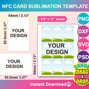 May include: A sublimation template for NFC cards with a design of a green grassy hill and blue sky with clouds. The template is available in PNG, DXF, SVG, and PSD formats. The template is 8.5 inches by 11 inches and can be used with Canva's drag and drop feature.
