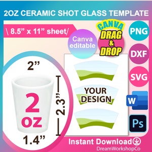 Modello per bicchierino da shot in ceramica da 2 once, sublimazione, Canva, Ms word, PSD, PNG, SVG, Dxf, foglio 8,5"x11", stampabile, download immediato