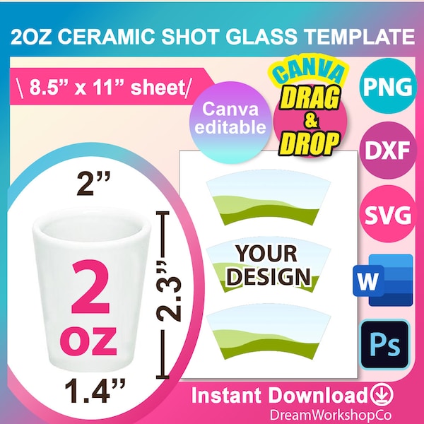 2oz Ceramic Shot Glass template, Sublimation, Canva, Ms word, PSD, PNG, SVG, Dxf, 8.5"x11" sheet, Printable, Instant Download
