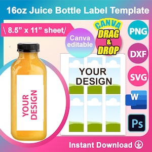 16oz Juice Bottle Label Template, SVG, DXF, Canva, Ms Word Docx, Png, Psd, 8.5&quot;x11&quot; sheet, Printable