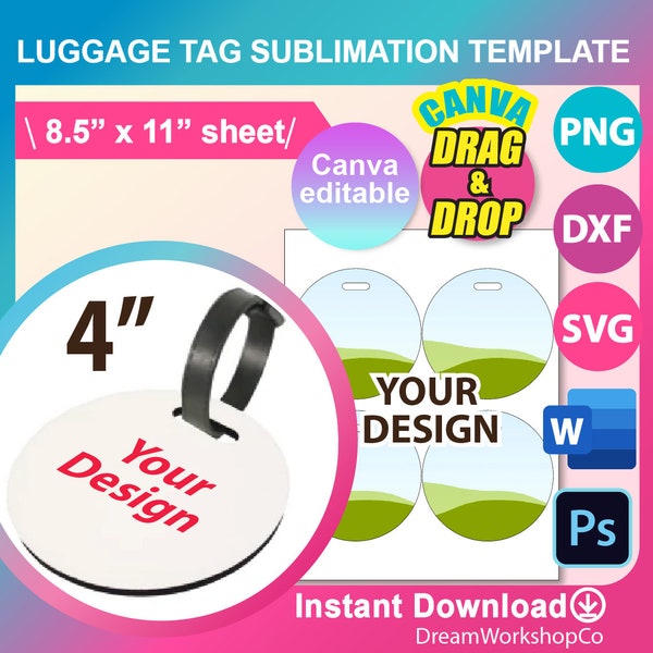 Round Luggage Tag Template, Template for sublimation, SVG, Canva, DXF, Ms Word Docx, Png, Psd, 8.5"x11" sheet, Printable