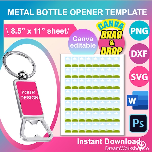 Keychain Metal Bottle Opener Template, Bottle Opener sublimation SVG, Canva, DXF, Ms Word Docx, Png, Psd, 8.5"x11" sheet