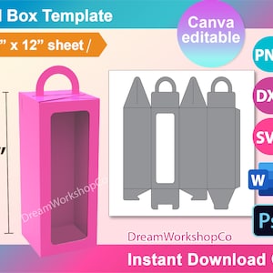 Modello per scatola alta da 7", modello per scatola con maniglia, scatola alta in formato SVG, scatola regalo, Canva, SVG, DXF, Ms Word Docx, PNG, PSD, foglio 12"x12", stampabile