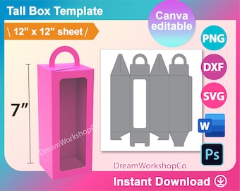 7” Tall Box Template, Box with Handle Template, Tall Box Svg, Gift Box, Canva, SVG, DXF, Ms Word Docx, Png, Psd, 12"x12" sheet, Printable