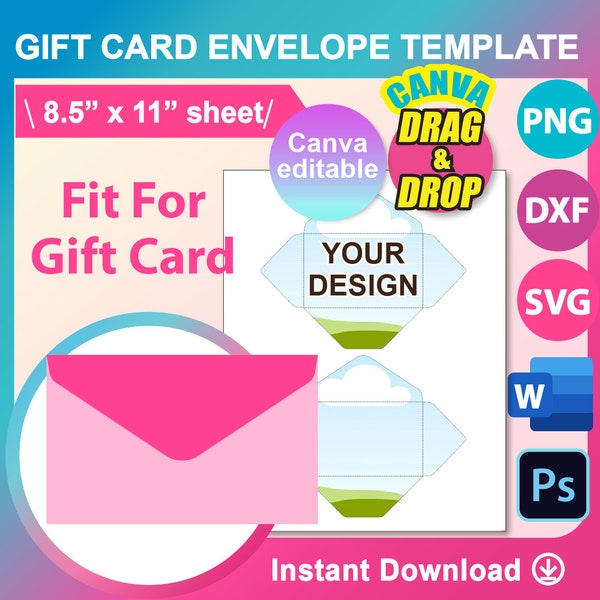 Gift Card Envelope Template, Canva, Ms word, PSD, PNG, SVG, Dxf, 8.5x11" sheet, Printable, Instant Download