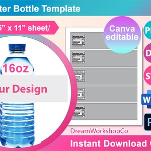 Water bottle Labels template, water bottle label blank template SVG, DXF, Canva, Ms Word Docx, Png, PSD, 8.5"x11" sheet, Printable