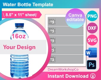 Modèle d&#39;étiquettes de bouteille d&#39;eau, modèle vierge d&#39;étiquette de bouteille d&#39;eau SVG, DXF, Canva, Ms Word Docx, Png, PSD, feuille 8,5 x 11 po, imprimable