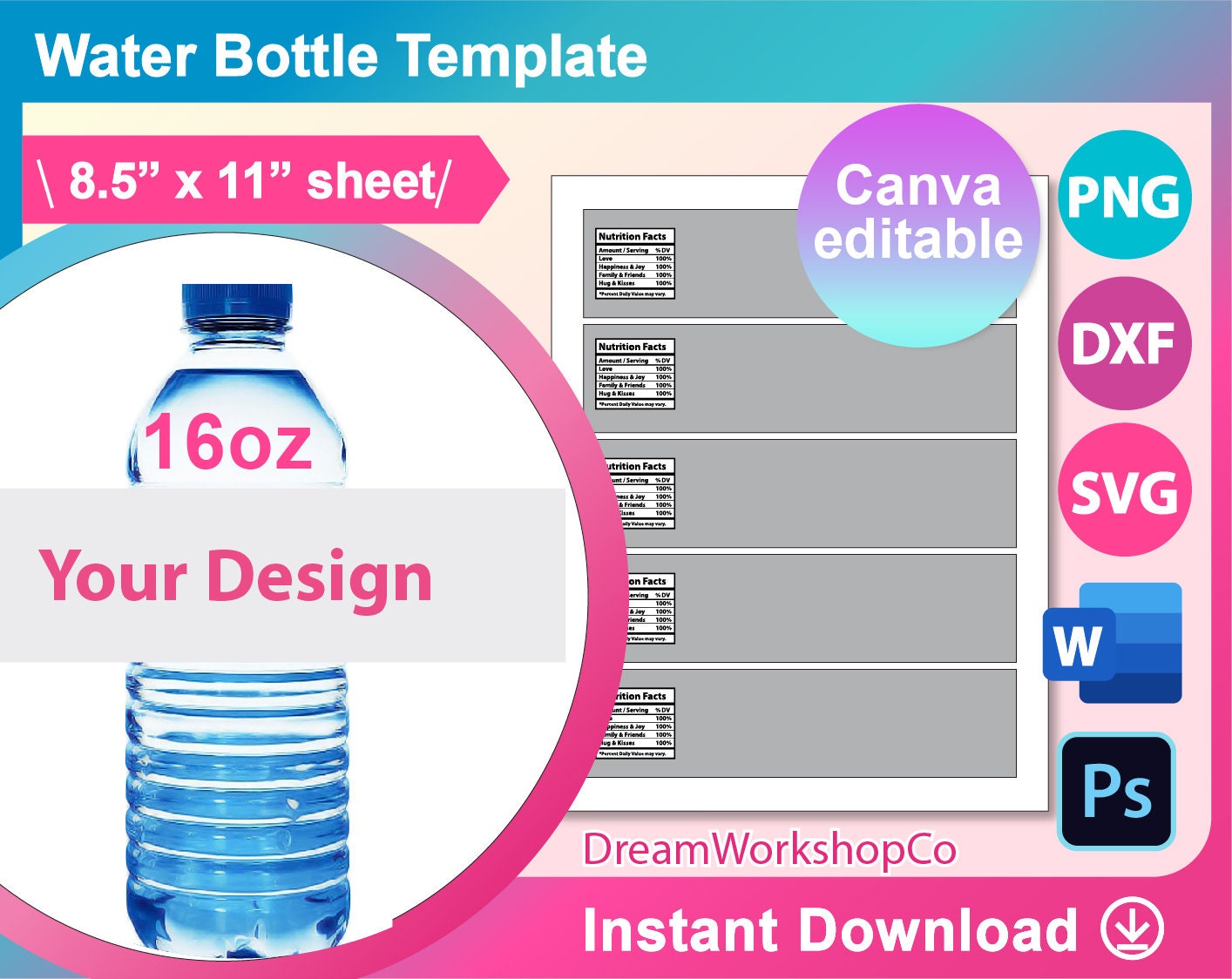 Water bottle Labels template, water bottle label blank template SVG, DXF, Canva, Ms Word Docx, Png, PSD, 8.5