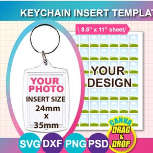 以下が含まれることがあります： 「KEYCHAIN INSERT TEMPLATE」のテキストが入ったキーホルダーインサートテンプレート。 テンプレートには、24mm x 35mmのインサートサイズと、複数のデザインプレースホルダーを備えたシートが付いた透明なキーホルダーが含まれています。「YOUR PHOTO」と「YOUR DESIGN」のテキストも表示されます。
