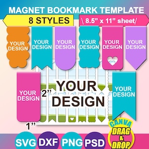 Plantilla de marcapáginas magnético, 8 estilos, Canva, SVG, PNG, PSD (hoja de 21,5 x 28 cm)