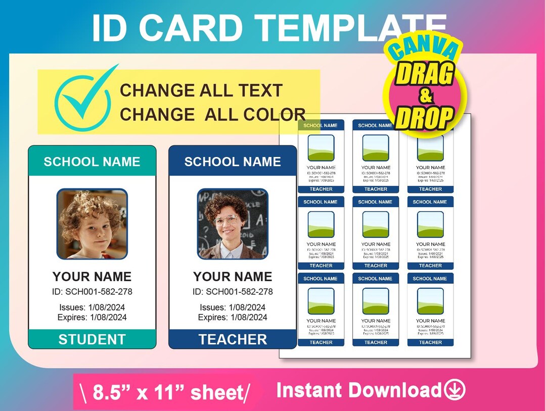 Student ID Card Template, Teacher ID Card Template, Canva, 8.5x11 Sheet ...