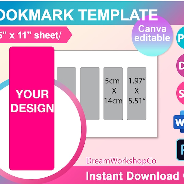 Bookmark Sublimation Template, Bookmark Template SVG, DXF, Canav, Ms Word Docx, Png, PSD, 8.5"x11" sheet, Printable