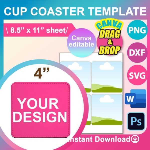 4inch Square Cup Coaster Template, Cup Coaster Sublimation Template, SVG, Canva, DXF, Ms Word Docx, Png, Psd, 8.5"x11" sheet, Printable