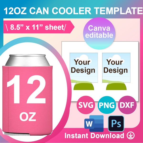 12oz Can Cooler Template, Beer Cooler Template, Sublimation Template,  SVG, DXF, DOCX, Png, Psd, 8.5"x11" sheet, Printable, Instant Download