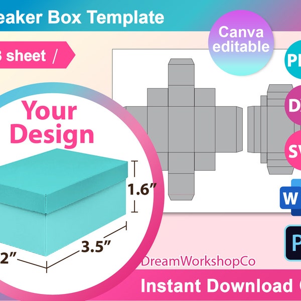 Box with lid Template, Mini Shoes Box Template, Sneaker Box template, Gift Box Template, Canva Ms word, PSD, PNG, SVG, Dxf