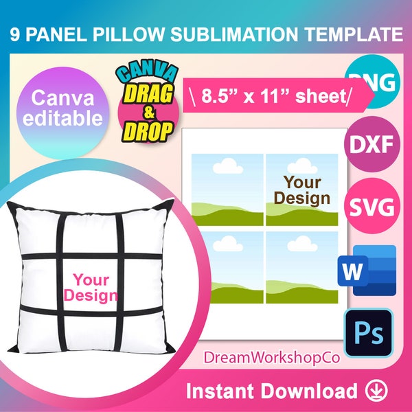 Pillow Sublimation Template, Sublimation Template,  SVG, DXF, Canva, Ms Word Docx, Png, Psd, 8.5"x11" sheet, Printable