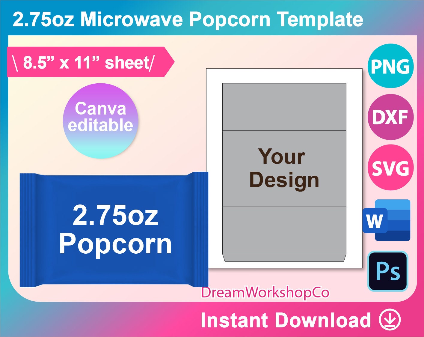 Microwave Popcorn Wrapper Template SVG DXF Ms Word Docx Etsy Canada