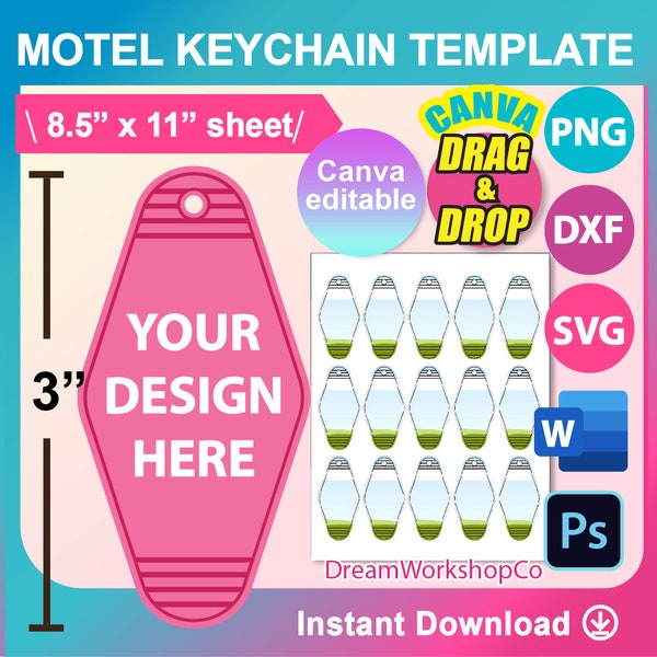 Motel Keychain Template, Sublimation Template, Canva. SVG, DXF, Ms Word Docx, Canva, Png, Psd, 8.5"x11" sheet