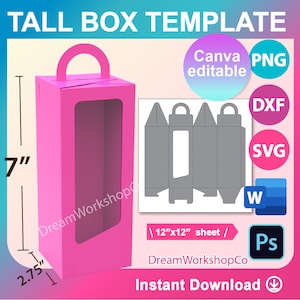 7” Tall Gable Box Template, Tall Gable Window Box, Box with Handle Template, Gift Box, Canva, SVG, DXF, Ms Word Docx, Png, Psd, 12 x 12