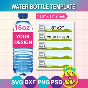Plantilla para etiquetas de botellas de agua: Canva, SVG, DXF, PNG, PSD, hoja de 8.5" x 11" (descarga digital)