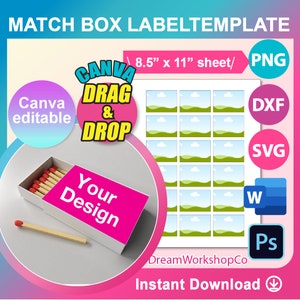 Matchbox Label Template,  SVG, DXF, Ms Word DOCX, Png, Psd, 8.5&quot;x11&quot; sheet, Printable