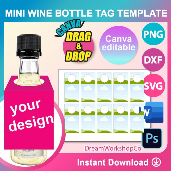 1.7oz, 50ml Mini Wine Bottle Tags template, SVG, Canva, DXF, Ms Word Docx, Png, Psd, 8.5"x11" sheet, Printable