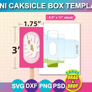 Puede incluir: Una plantilla de caja mini caksicle rosa con dimensiones de 7,6 cm por 4,4 cm. El diseño incluye una hoja blanca con detalles dorados. La plantilla es para una hoja A4. La imagen también incluye el texto "CANVA DRAG & DROP" e iconos de tipo de archivo.