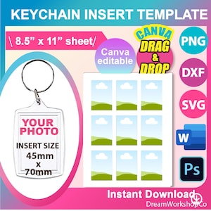 May include: A printable template for creating keychain inserts. The template features a design of a blue sky with white clouds and green hills. The template is designed to be used with Canva and includes instructions to drag and drop images. The template is available in PNG, DXF, SVG, and Photoshop formats. The template is 8.5 inches by 11 inches and includes instructions for inserting a photo with a size of 45mm by 70mm.