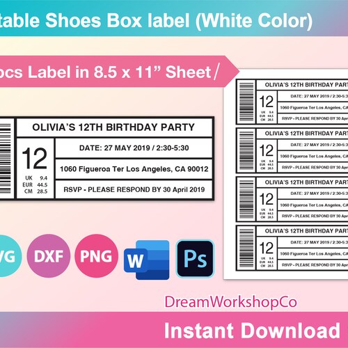 Editable Shoe Box Label Template Ms Word Docx Printable Etsy