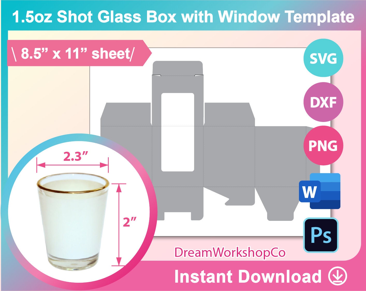 Download 1.5oz Shot Glass Gift Box Template window box. Sublimation ...