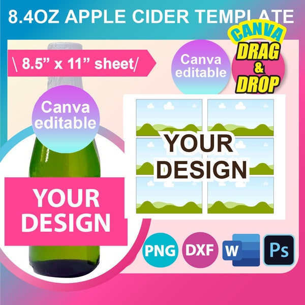 8.4oz Apple Cider Bottle Label Template, Mini wine bottle Labels, SVG, DXF, Canva, Ms Word Docx, Png, PSD, 8.5"x11" sheet, Printable