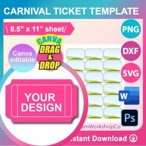 Plantilla de boleto de carnaval, Canva, Ms word, PSD, PNG, SVG, Dxf, hoja de 8,5 x 11", imprimible, descarga instantánea
