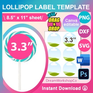 3.3&quot; Lollipop Label Template, SVG, DXF, Canva, Ms Word Docx, Png, Psd, 8.5&quot;x11&quot; sheet, Printable