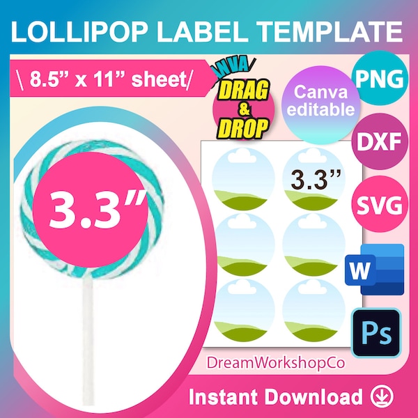 3.3" Lollipop Label Template, SVG, DXF, Canva, Ms Word Docx, Png, Psd, 8.5"x11" sheet, Printable
