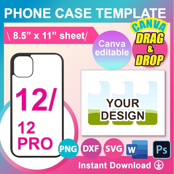 Phone Case 12 Pro Template, Phone Case 12 Template, Phone Case Template for sublimation, Canva, SVG, Dxf, Ms Word docx, Png, PSD, 8.5"x11"