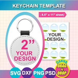 Plantilla de llavero circular de 2 pulgadas, plantilla de sublimación, sublimación de cartera plegable, SVG, Canva, DXF, Ms Word Docx, Png, Psd, hoja de 8.5" x 11".