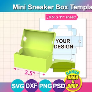 May include: A lime green mini sneaker box template with the text "Mini Sneaker Box Template". The box is 8.9 cm wide. A sheet with a design template is next to the box. The text "YOUR DESIGN" is visible on the sheet.