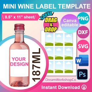 187ml Wine Label Template, Mini wine bottle Labels, SVG, DXF, Canva, Ms Word Docx, Png, PSD, 8.5&quot;x11&quot; sheet, Printable