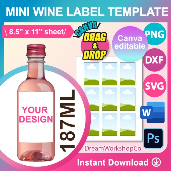 187ml Wine Label Template, Mini wine bottle Labels, SVG, DXF, Canva, Ms Word Docx, Png, PSD, 8.5"x11" sheet, Printable