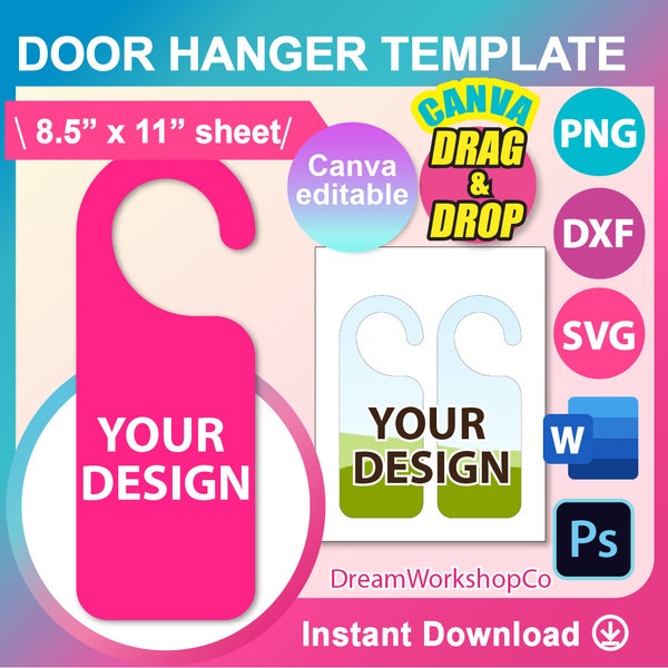 Plantilla de colgador de puerta, Canva, Ms word, Canva, PSD, PNG, SVG, Dxf, hoja de 8.5x11", Imprimible, Descarga instantánea