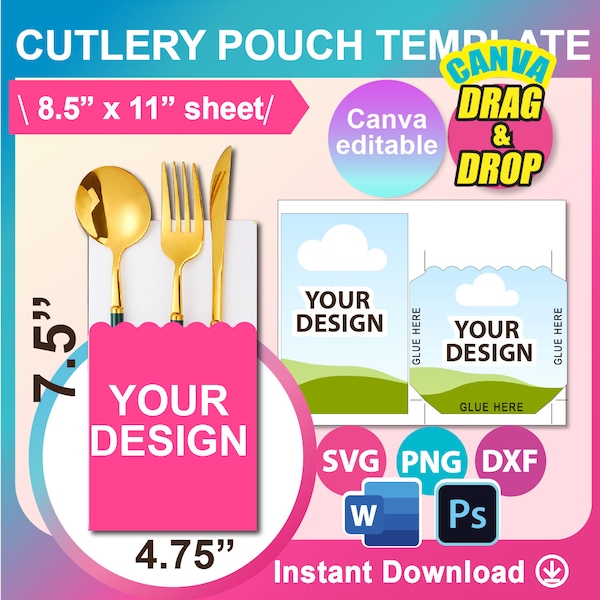 Scalloped Cutlery pouch Template, Cutlery Set template, Cutlery Paper Holder Template, Utensil Pocket SVG, DXF, Canva, Docx, Png, Psd
