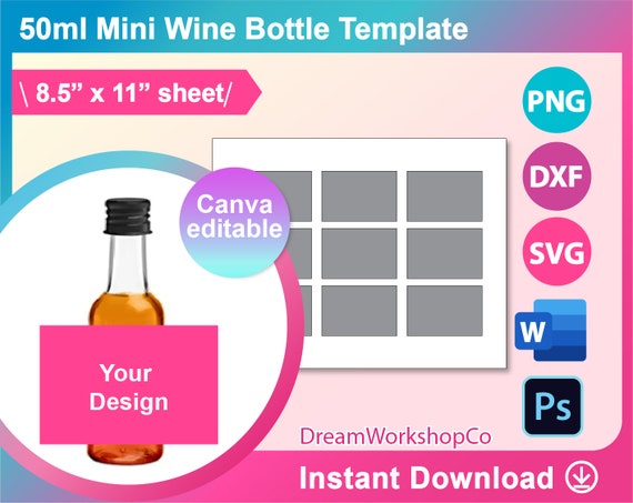 Modèle d'étiquettes de mini bouteille de vin de 1,7 oz, 50 ml, SVG