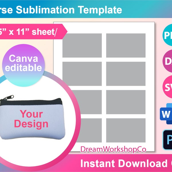 Purse Template, Purse Sublimation Template,  Coin Bag Sublimation, SVG, Canva, DXF, Ms Word Docx, Png, Psd, 8.5"x11" sheet, Printable