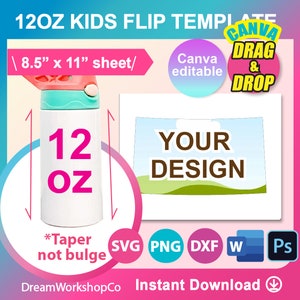 12oz flip Top Kids Water Bottle Template, Flip top tumbler Template, Sublimation, Canva, Ms word, PSD, PNG, SVG, Dxf 8.5x11&quot; sheet