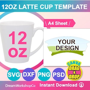 12oz Latte Mug Sublimation Template: Full Wrap Design (Digital Download)