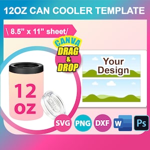 12oz Can Cooler, Beer Cooler Template, Sublimation Template,  SVG, DXF, DOCX, Canva, Png, Psd, 8.5&quot;x11&quot; sheet, Printable, Instant Download