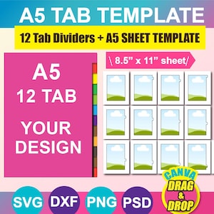May include: A pink and blue graphic with the text "A5 TAB TEMPLATE" and "12 Tab Dividers + A5 SHEET TEMPLATE". The image includes a layout for 12 tab dividers, with the text "A5 12 TAB YOUR DESIGN". The sheet size is 8.5" x 11".